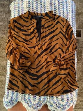 White House Black Market Black and Brown Tiger-Print Split V-Neck Blouse